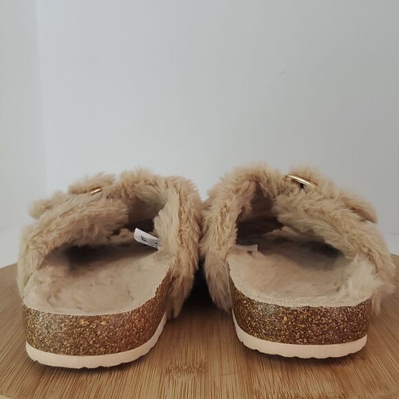 Fitory Faux Rabbit Fur Open Toe Slippers Cork Slide Sandals Beige Women's Size 7 - Picture 5 of 8